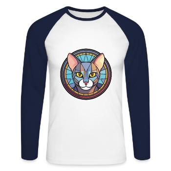 Illustration à l’aquarelle colorée de chat Mau égyptien - T-shirt baseball manches longues Homme - blanc/marine - Devant - Nik (191cm)