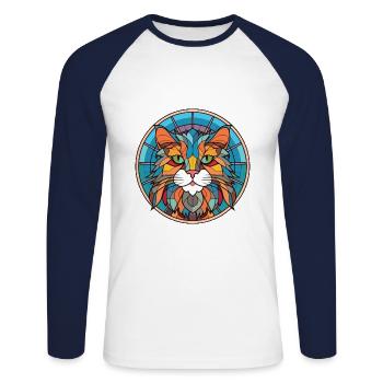Chat britannique à poil long coloré aquarelle dessin animé - T-shirt baseball manches longues Homme - blanc/marine - Devant - Nik (191cm)