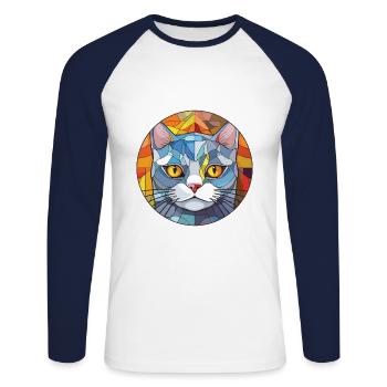 Chat d’argent britannique coloré aquarelle pour animaux de compagnie Cartoon - T-shirt baseball manches longues Homme - blanc/marine - Devant - Nik (191cm)