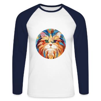 Chat britannique à poil long coloré aquarelle dessin animé - T-shirt baseball manches longues Homme - blanc/marine - Devant - Nik (191cm)