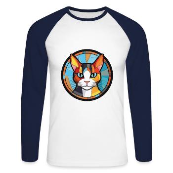 Dessin animé d’aquarelle colorée de chat Bobtail japonais - T-shirt baseball manches longues Homme - blanc/marine - Devant - Nik (191cm)