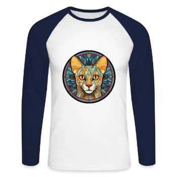 Ocicat Chat Domestique Coloré Aquarelle Dessin Animé - T-shirt baseball manches longues Homme - blanc/marine - Devant - Nik (191cm)