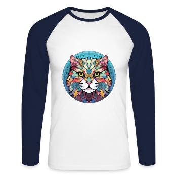 Highlander chat coloré aquarelle illustration - T-shirt baseball manches longues Homme - blanc/marine - Devant - Nik (191cm)