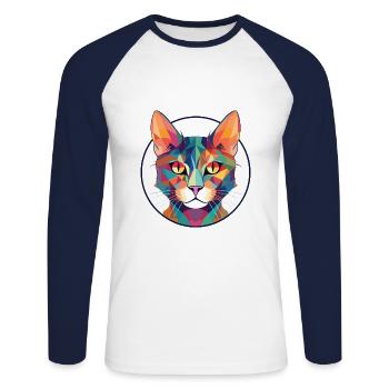 Pixie Bob Cat Colorful Watercolor Pet Illustration - Unisex Long Sleeve Baseball T-Shirt - white/navy - Front - Nik (191cm)