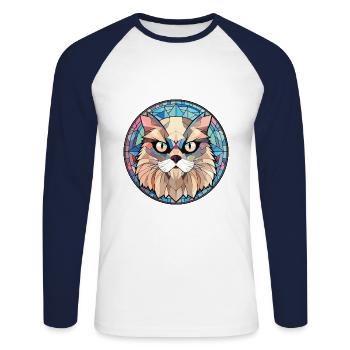 Chat de l’Himalaya aquarelle colorée Illustration pour animaux de compagnie - T-shirt baseball manches longues Homme - blanc/marine - Devant - Nik (191cm)