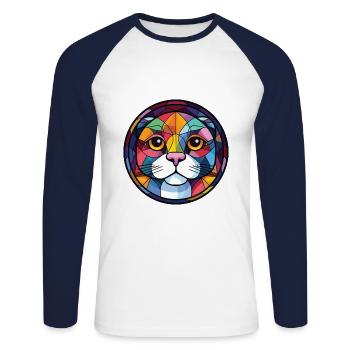 Scottish Fold Shorthair chat aquarelle colorée - T-shirt baseball manches longues Homme - blanc/marine - Devant - Nik (191cm)