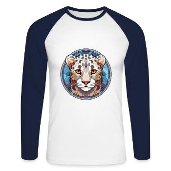 Léopard des neiges bébé chat coloré dessin animé aquarelle - T-shirt baseball manches longues Homme - blanc/marine - Devant - Nik (191cm)