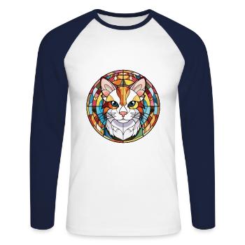 Illustration à l’aquarelle colorée de chat Van turc - T-shirt baseball manches longues Homme - blanc/marine - Devant - Nik (191cm)