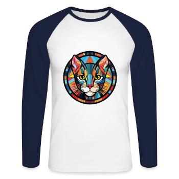Illustration à l’aquarelle colorée de chat Mau égyptien - T-shirt baseball manches longues Homme - blanc/marine - Devant - Nik (191cm)