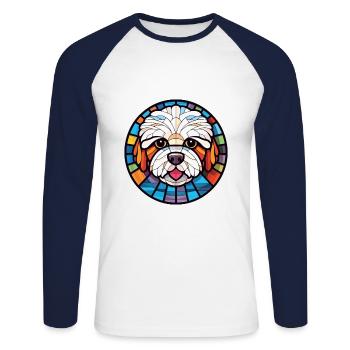 Bichon frisé chien race aquarelle Illustration - T-shirt baseball manches longues Homme - blanc/marine - Devant - Nik (191cm)