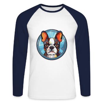 Boston Terrier Hunderasse Aquarell Illustration - Unisex Baseballshirt langarm - Weiß/Navy - Vorne - Nik (191cm)