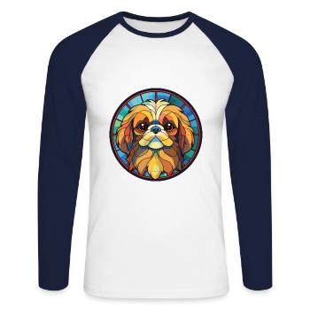 Pekingese Dog Breed Watercolor Glass Illustration - Unisex Long Sleeve Baseball T-Shirt - white/navy - Front - Nik (191cm)