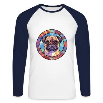 Mopshund Rasse bunte Aquarell-Illustration - Unisex Baseballshirt langarm - Weiß/Navy - Vorne - Nik (191cm)