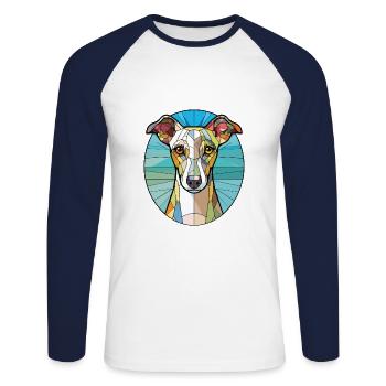 Illustration à l’aquarelle de race de chien Whippet anglais - T-shirt baseball manches longues Homme - blanc/marine - Devant - Nik (191cm)