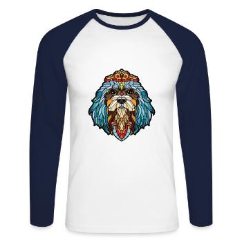 Illustration à l’aquarelle de race de chien impérial chinois - T-shirt baseball manches longues Homme - blanc/marine - Devant - Nik (191cm)