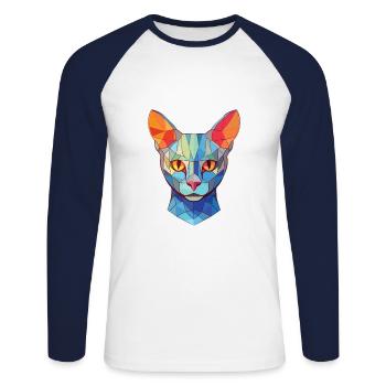 Illustration d’aquarelle colorée de chat bleu russe - T-shirt baseball manches longues Homme - blanc/marine - Devant - Nik (191cm)