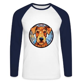 Airedale Terrier chien race aquarelle Illustration - T-shirt baseball manches longues Homme - blanc/marine - Devant - Nik (191cm)