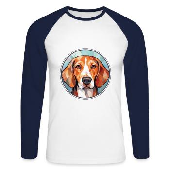 Illustration à l’aquarelle de race de chien Foxhound anglais - T-shirt baseball manches longues Homme - blanc/marine - Devant - Nik (191cm)