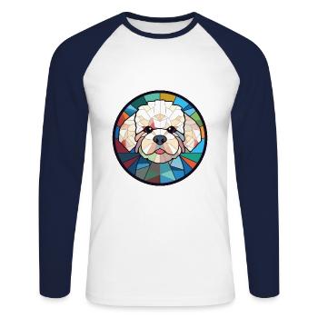 Bichon frisé chien race aquarelle Illustration - T-shirt baseball manches longues Homme - blanc/marine - Devant - Nik (191cm)