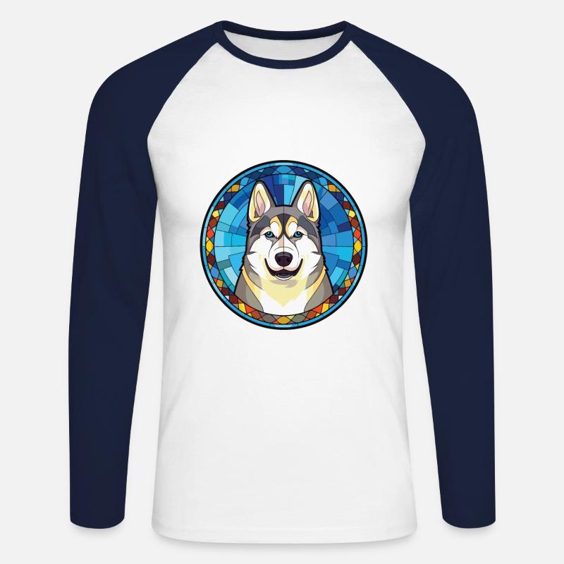 Husky-Hunderasse Bunte Aquarell-Illustration - Unisex Baseballshirt langarm - Weiß/Navy