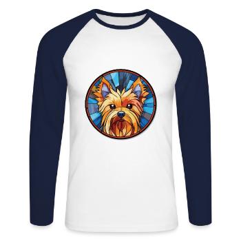 Silky Terrier chien race aquarelle Illustration - T-shirt baseball manches longues Homme - blanc/marine - Devant - Nik (191cm)