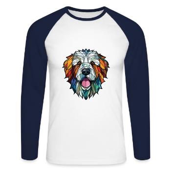 Berger des Pyrénées chien race aquarelle colorée - T-shirt baseball manches longues Homme - blanc/marine - Devant - Nik (191cm)