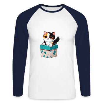 Chat dans une boite , avec son pelage lumineux - T-shirt baseball manches longues Homme - blanc/marine - Devant - Nik (191cm)