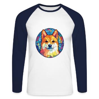 Shiba Inu Japanese Dog Breed Colorful Watercolor - Unisex Long Sleeve Baseball T-Shirt - white/navy - Front - Nik (191cm)