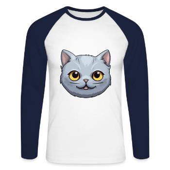 Illustration à l’aquarelle de bande dessinée de chat argenté britannique - T-shirt baseball manches longues Homme - blanc/marine - Devant - Nik (191cm)