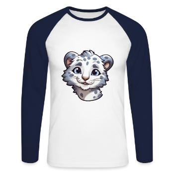Léopard des neiges bébé chat dessin animé aquarelle Clipart - T-shirt baseball manches longues Homme - blanc/marine - Devant - Nik (191cm)