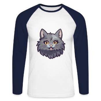 Nebelung Katze Karikatur Aquarell Illustration - Unisex Baseballshirt langarm - Weiß/Navy - Vorne - Nik (191cm)