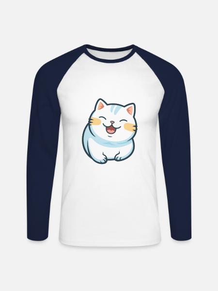 Korean bobtail kissa sarjakuva akvarelli kuva - Miesten pitkähihainen baseballpaita - valkoinen/laivasto