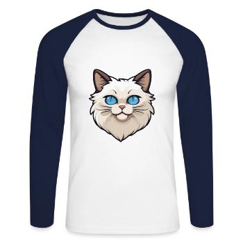 Birman chat sacré dessin animé illustration à l’aquarelle - T-shirt baseball manches longues Homme - blanc/marine - Devant - Nik (191cm)