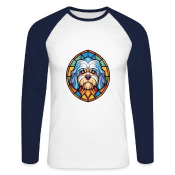 Illustration à l’aquarelle colorée de race de chien maltais - T-shirt baseball manches longues Homme - blanc/marine - Devant - Nik (191cm)