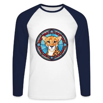 Gepard, Buntes, Aquarell, Tier, Illustration - Unisex Baseballshirt langarm - Weiß/Navy - Vorne - Nik (191cm)