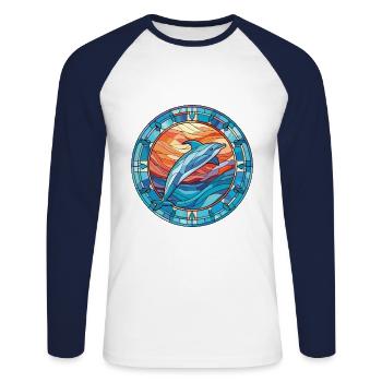 Dolphin Colorful Watercolor Animal Illustration - Unisex Long Sleeve Baseball T-Shirt - white/navy - Front - Nik (191cm)