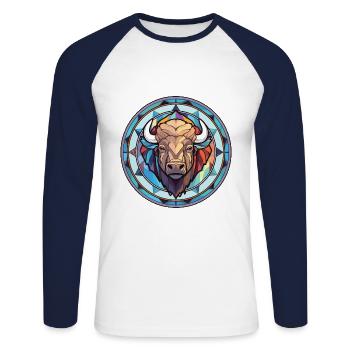 Bison Colorful Watercolor Animal Pet Illustration - Unisex Long Sleeve Baseball T-Shirt - white/navy - Front - Nik (191cm)