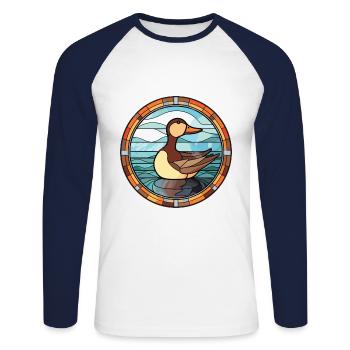 Bunte Aquarell-Tierhaustierillustration der Ente - Unisex Baseballshirt langarm - Weiß/Navy - Vorne - Nik (191cm)