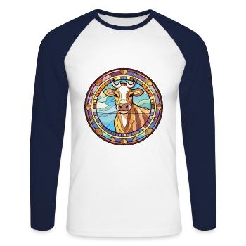 Kuh buntes Aquarell Tier Haustier Illustration - Unisex Baseballshirt langarm - Weiß/Navy - Vorne - Nik (191cm)
