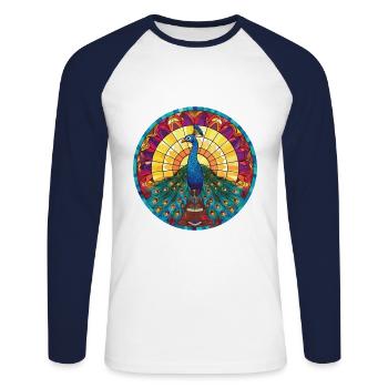 Peacock Colorful Watercolor Animal Illustration - Unisex Long Sleeve Baseball T-Shirt - white/navy - Front - Nik (191cm)