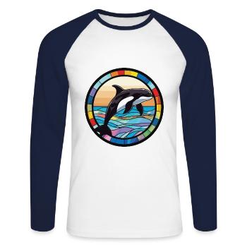Orca Colorful Watercolor Animal Pet Illustration - Unisex Long Sleeve Baseball T-Shirt - white/navy - Front - Nik (191cm)