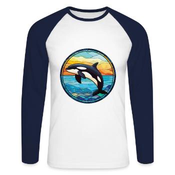 Orca Colorful Watercolor Animal Pet Illustration - Unisex Long Sleeve Baseball T-Shirt - white/navy - Front - Nik (191cm)