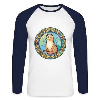 Siegel, Buntes, Aquarell, Tier, Haustier, Illustration - Unisex Baseballshirt langarm - Weiß/Navy - Vorne - Nik (191cm)