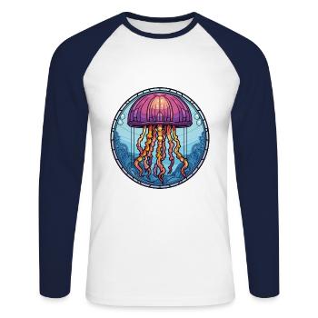 Illustration animale aquarelle colorée méduse - T-shirt baseball manches longues Homme - blanc/marine - Devant - Nik (191cm)