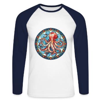 Oktopus bunte Aquarell-Tier-Illustration - Unisex Baseballshirt langarm - Weiß/Navy - Vorne - Nik (191cm)