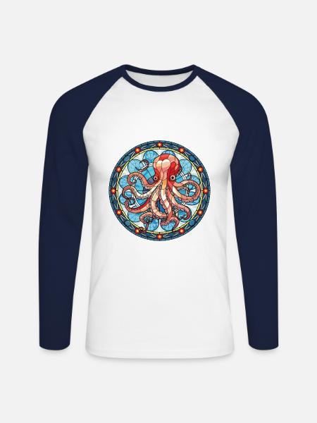 Oktopus bunte Aquarell-Tier-Illustration - Unisex Baseballshirt langarm - Weiß/Navy