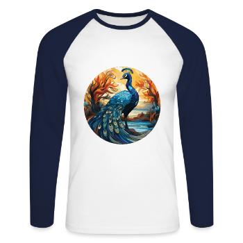 Peacock Colorful Watercolor Animal Illustration - Unisex Long Sleeve Baseball T-Shirt - white/navy - Front - Nik (191cm)