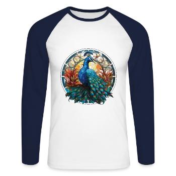Peacock Colorful Watercolor Animal Illustration - Unisex Long Sleeve Baseball T-Shirt - white/navy - Front - Nik (191cm)