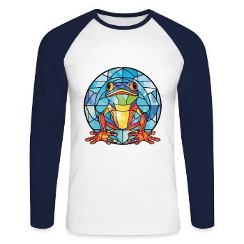 Bunte Aquarell-Tierhaustierillustration des Frosches - Unisex Baseballshirt langarm - Weiß/Navy - Vorne - Nik (191cm)