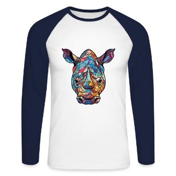 Rhino Colorful Watercolor Animal Pet Illustration - Unisex Long Sleeve Baseball T-Shirt - white/navy - Front - Nik (191cm)
